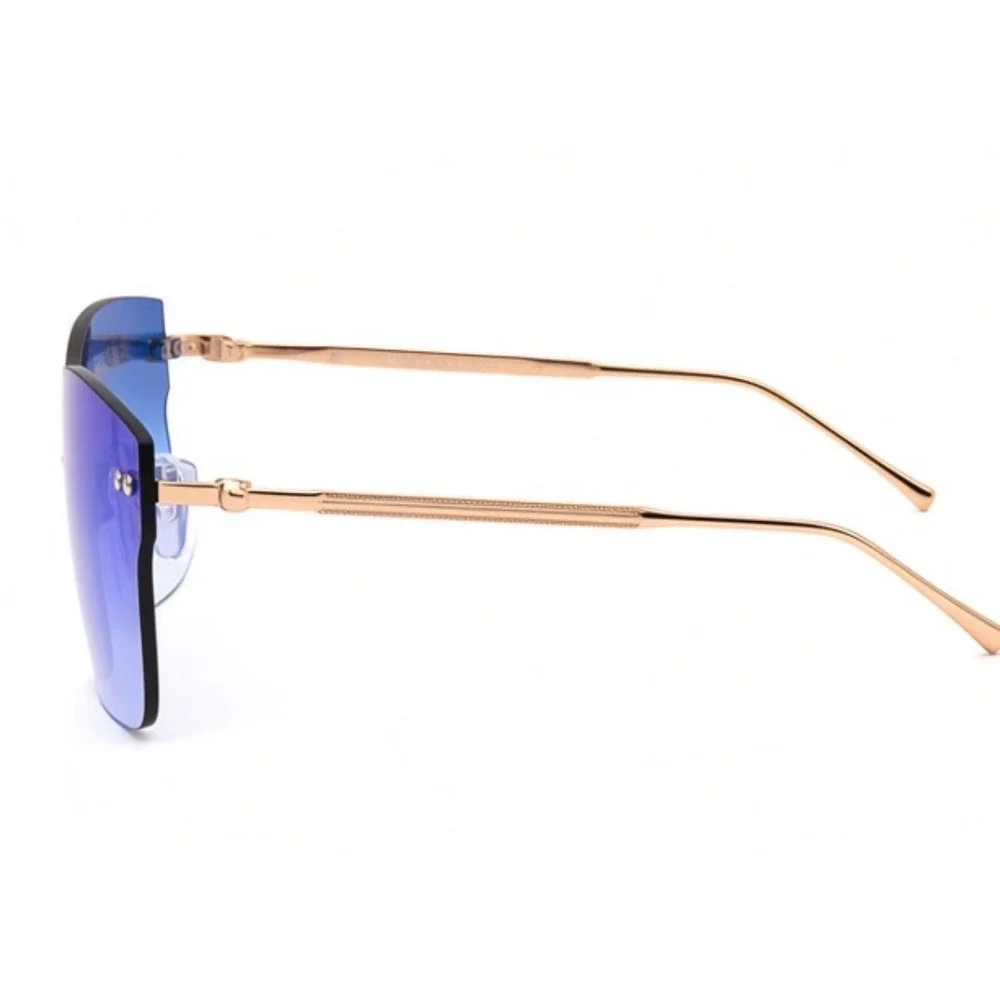 Mens Rimless Shield Sunglasses Blue Gradient Gold Metal Frame Oversized Square